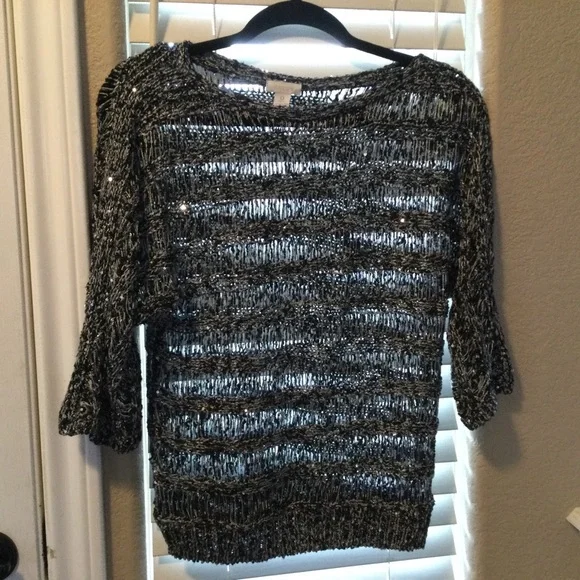 Chico’s Metallic and Sequin Open Weave Knit Sweater Size 0 - Picture 2 of 6